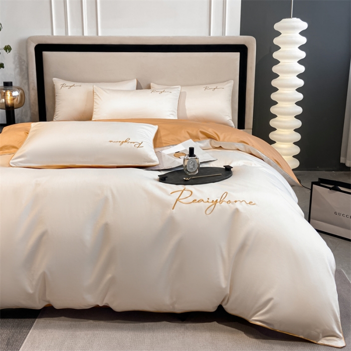 91家纺网 家纺一手货源 找家纺 暮色 2022新款60s刺绣全棉单被套 轻奢-奶昔白+桔