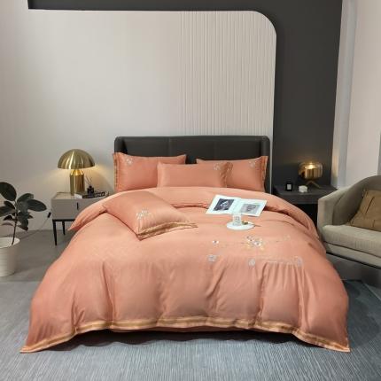 91家纺网 家纺一手货源 找家纺 嗯呢 2023新款刺绣H款轻奢提花水洗真丝四件套提花-时尚桔