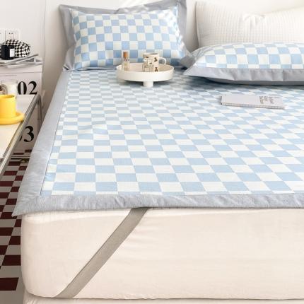 91家纺网 家纺一手货源 找家纺 懒猫 2022新款800D提花冰丝床席款凉席 棋盘格-蓝