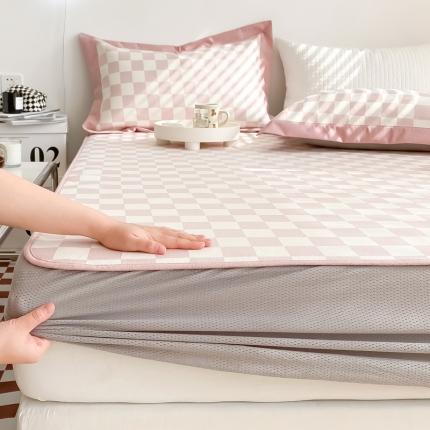 91家纺网 家纺一手货源 找家纺 懒猫 2022新款800D提花冰丝床笠款凉席 棋盘格-粉