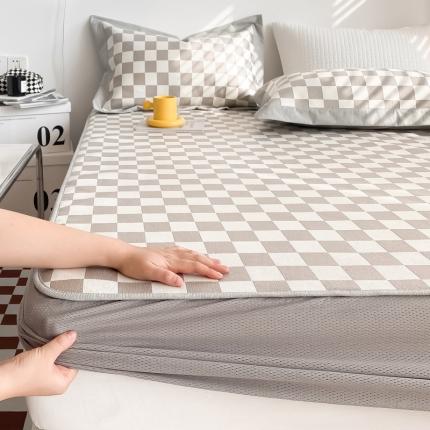 91家纺网 家纺一手货源 找家纺 懒猫 2022新款800D提花冰丝床笠款凉席 棋盘格-咖