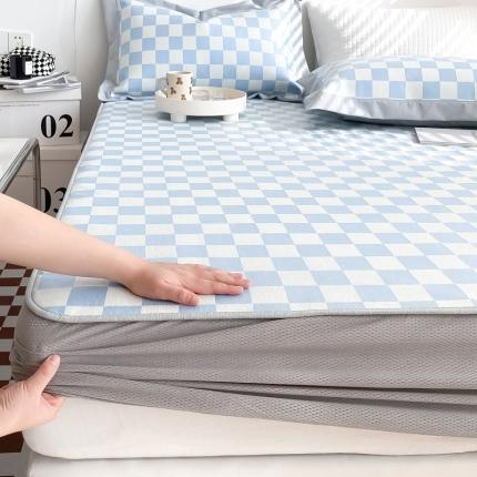 91家纺网 家纺一手货源 找家纺 懒猫 2022新款800D提花冰丝床笠款凉席 棋盘格-蓝