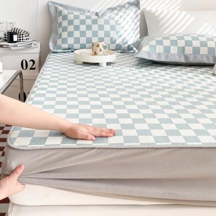 91家纺网 家纺一手货源 找家纺 懒猫 2022新款800D提花冰丝床笠款凉席 棋盘格-绿