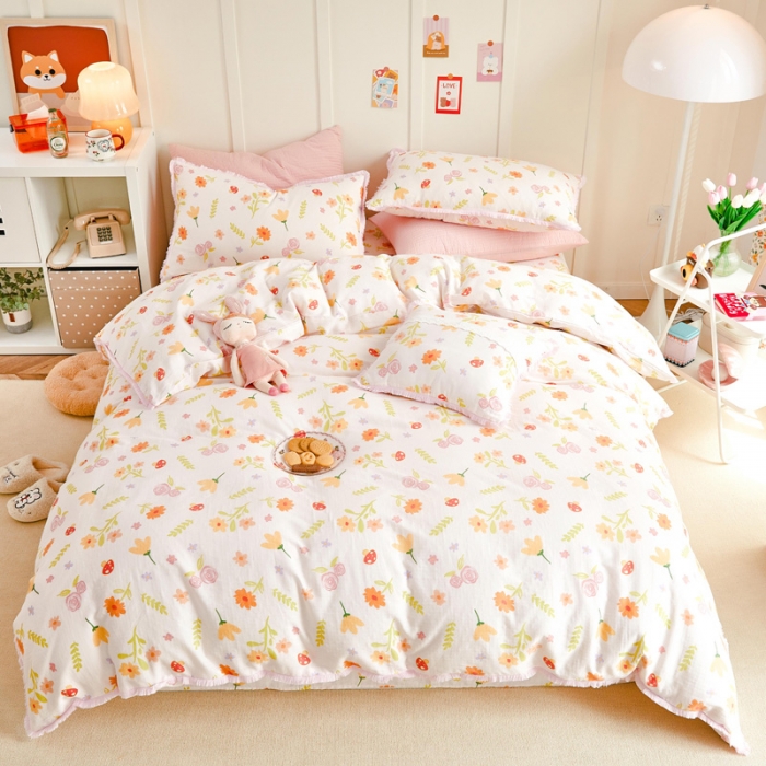 91家纺网 家纺一手货源 找家纺 亲亲公主2025新款小清新碎花韩版花边双层纱四件套 粉色蘑菇