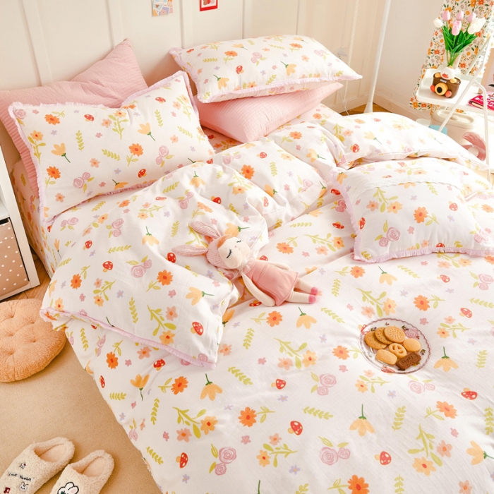 91家纺网 家纺一手货源 找家纺 亲亲公主2025新款小清新碎花韩版花边双层纱四件套 粉色蘑菇