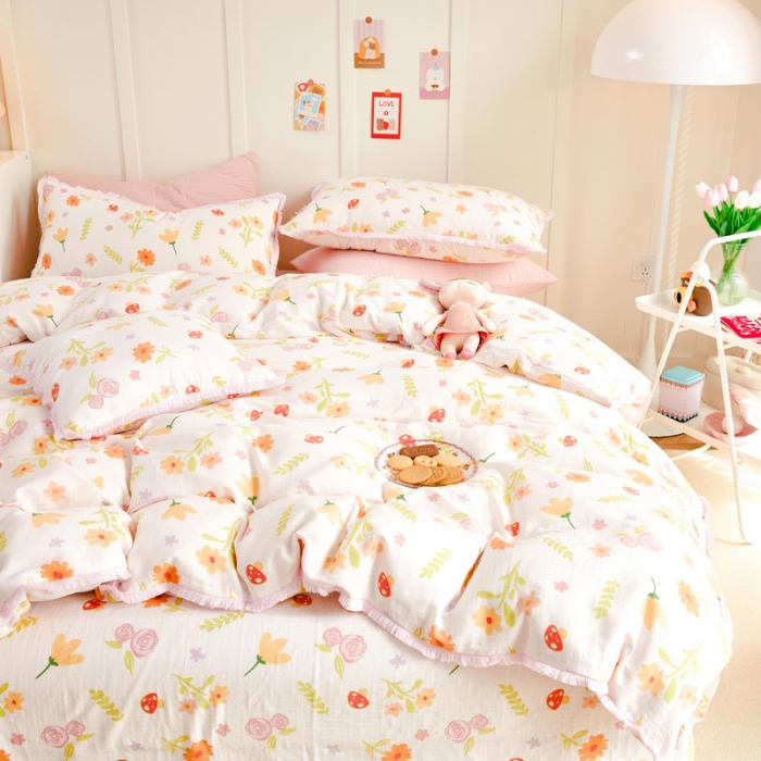 91家纺网 家纺一手货源 找家纺 亲亲公主2025新款小清新碎花韩版花边双层纱四件套 粉色蘑菇