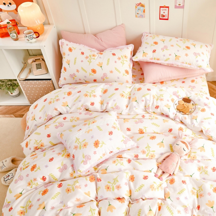 91家纺网 家纺一手货源 找家纺 亲亲公主2025新款小清新碎花韩版花边双层纱四件套 粉色蘑菇