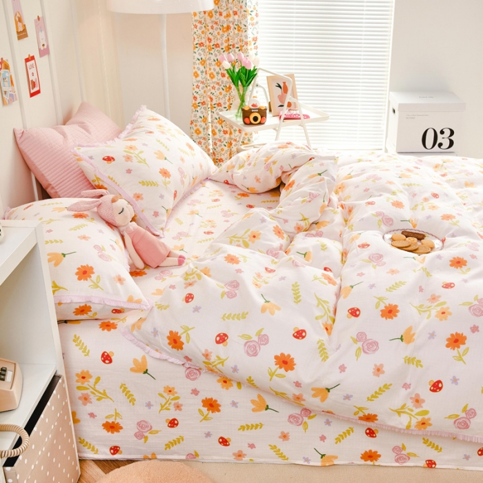 91家纺网 家纺一手货源 找家纺 亲亲公主2025新款小清新碎花韩版花边双层纱四件套 粉色蘑菇