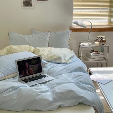 91家纺网 家纺一手货源 找家纺 时年 2022新款全棉水洗棉四件套嵌绳款 爱丽丝蓝（浅蓝）