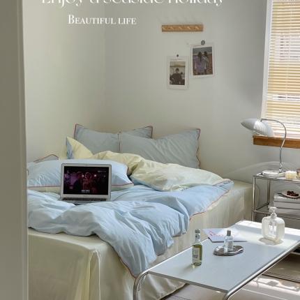 时年 2022新款全棉水洗棉四件套嵌绳款 爱丽丝蓝（浅蓝）