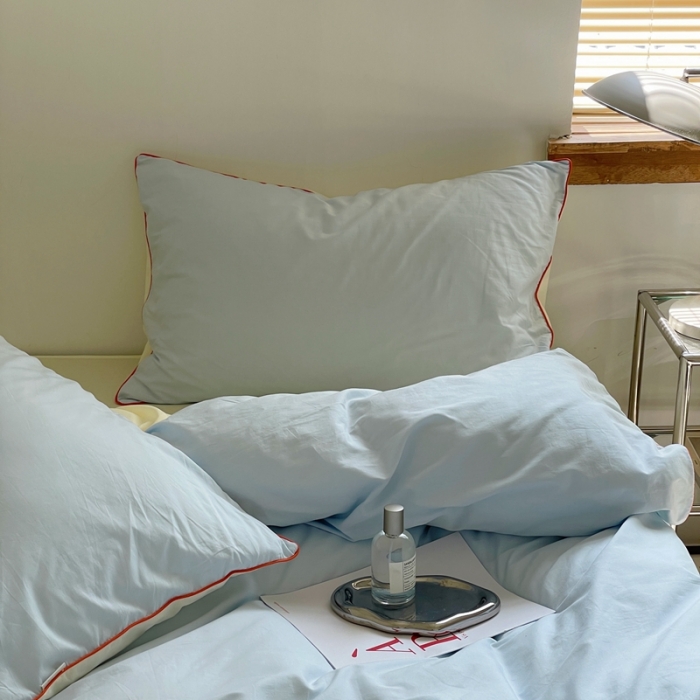 91家纺网 家纺一手货源 找家纺 时年 2022新款全棉水洗棉四件套嵌绳款 爱丽丝蓝（浅蓝）