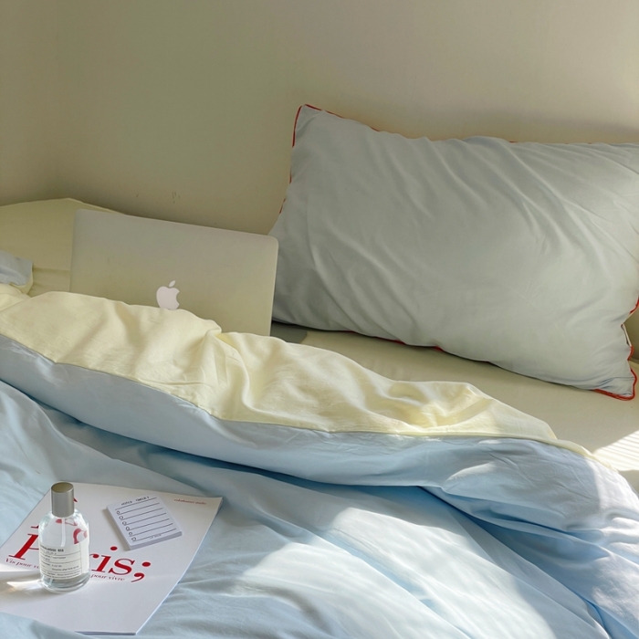 91家纺网 家纺一手货源 找家纺 时年 2022新款全棉水洗棉四件套嵌绳款 爱丽丝蓝（浅蓝）