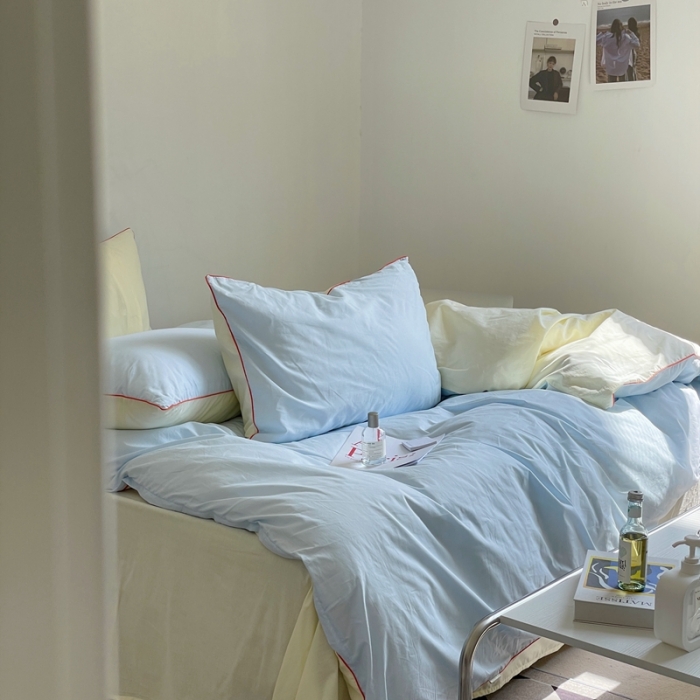 91家纺网 家纺一手货源 找家纺 时年 2022新款全棉水洗棉四件套嵌绳款 爱丽丝蓝（浅蓝）