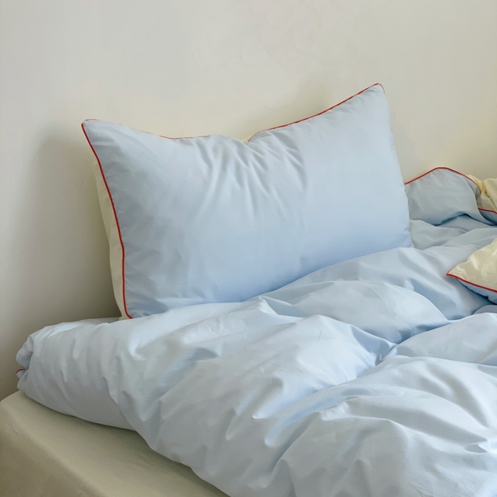 91家纺网 家纺一手货源 找家纺 时年 2022新款全棉水洗棉四件套嵌绳款 爱丽丝蓝（浅蓝）