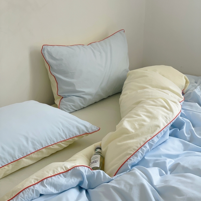 91家纺网 家纺一手货源 找家纺 时年 2022新款全棉水洗棉四件套嵌绳款 爱丽丝蓝（浅蓝）