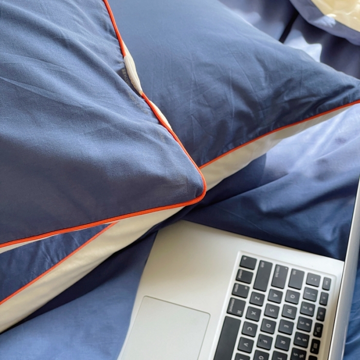 91家纺网 家纺一手货源 找家纺 时年 2022新款全棉水洗棉四件套嵌绳款 克莱因蓝（深蓝）