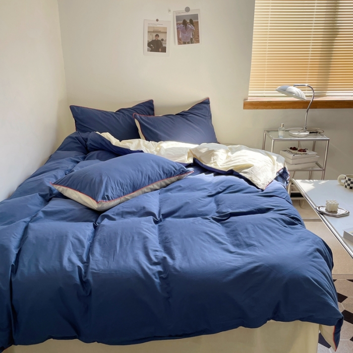 91家纺网 家纺一手货源 找家纺 时年 2022新款全棉水洗棉四件套嵌绳款 克莱因蓝（深蓝）