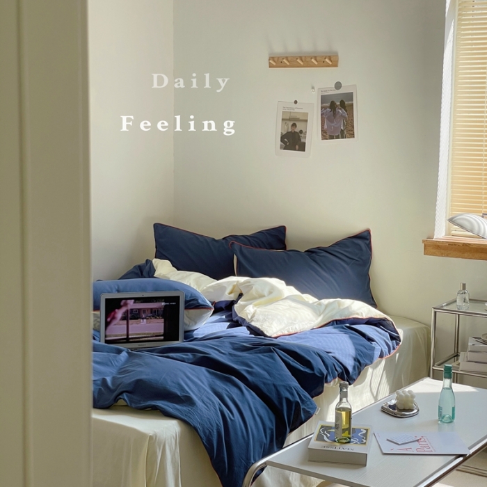 91家纺网 家纺一手货源 找家纺 时年 2022新款全棉水洗棉四件套嵌绳款 克莱因蓝（深蓝）