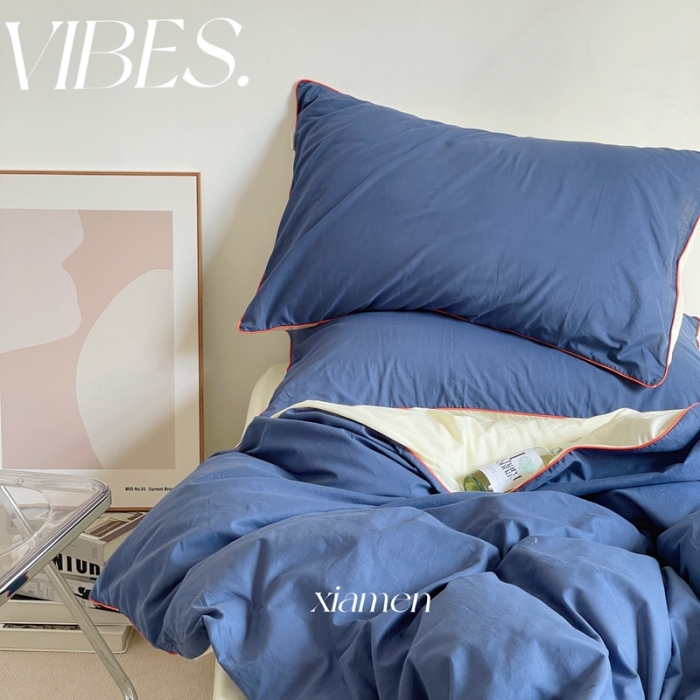 91家纺网 家纺一手货源 找家纺 时年 2022新款全棉水洗棉四件套嵌绳款 克莱因蓝（深蓝）