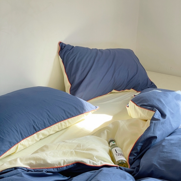 91家纺网 家纺一手货源 找家纺 时年 2022新款全棉水洗棉四件套嵌绳款 克莱因蓝（深蓝）