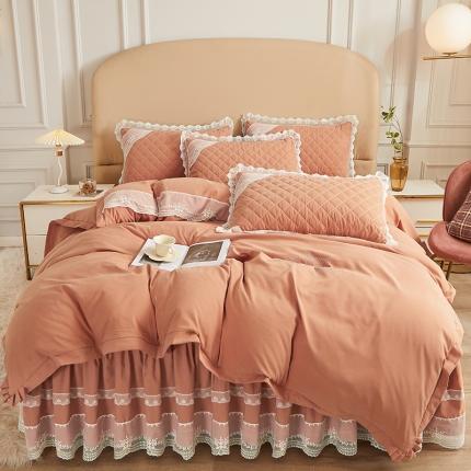 网红馆 2025新款唯美蕾丝夹棉床裙三件套婉约佳人 爱玛橙