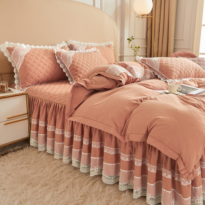 91家纺网 家纺一手货源 找家纺 网红馆 2025新款唯美蕾丝夹棉床裙四件套婉约佳人 爱玛橙