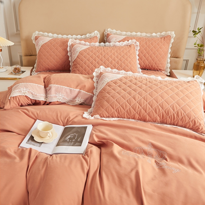 91家纺网 家纺一手货源 找家纺 网红馆 2025新款唯美蕾丝夹棉床裙四件套婉约佳人 爱玛橙