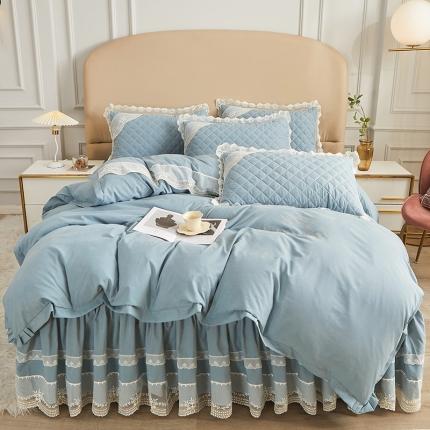 91家纺网 家纺一手货源 找家纺 网红馆 2025新款唯美蕾丝夹棉床裙四件套婉约佳人 雾霾蓝