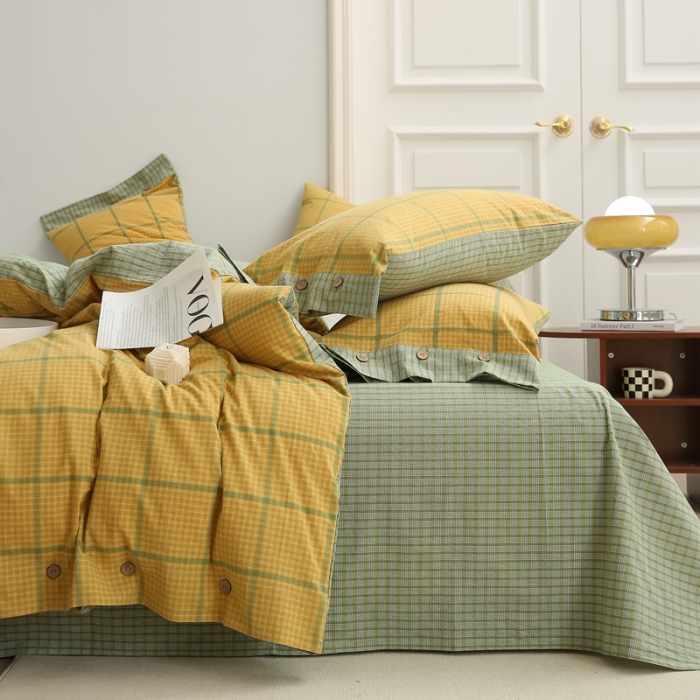 91家纺网 家纺一手货源 找家纺 榻尚 经典田园格子全棉色织水洗棉四件套 安柠（柠檬）