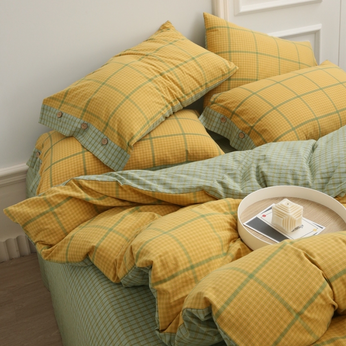 91家纺网 家纺一手货源 找家纺 榻尚 经典田园格子全棉色织水洗棉四件套 安柠（柠檬）