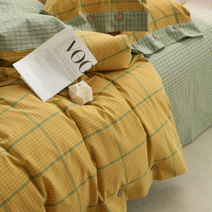 91家纺网 家纺一手货源 找家纺 榻尚 经典田园格子全棉色织水洗棉四件套 安柠（柠檬）