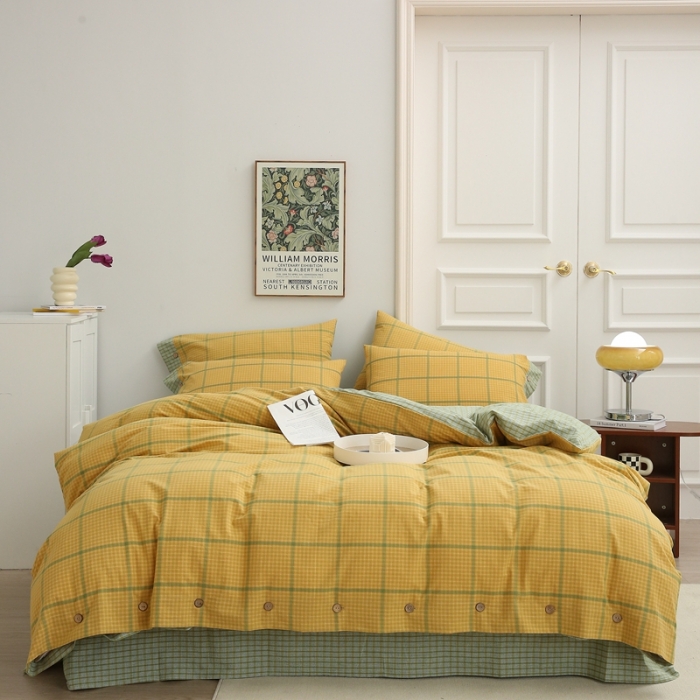 91家纺网 家纺一手货源 找家纺 榻尚 经典田园格子全棉色织水洗棉四件套 安柠（柠檬）