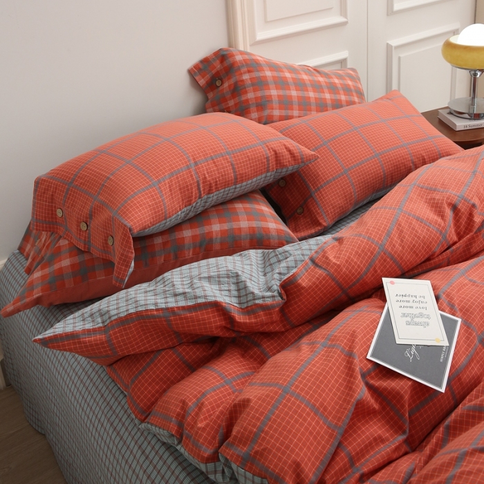 91家纺网 家纺一手货源 找家纺 榻尚 经典田园格子全棉色织水洗棉四件套 蒂曼（红蓝）