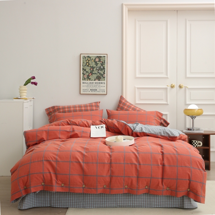 91家纺网 家纺一手货源 找家纺 榻尚 经典田园格子全棉色织水洗棉四件套 蒂曼（红蓝）