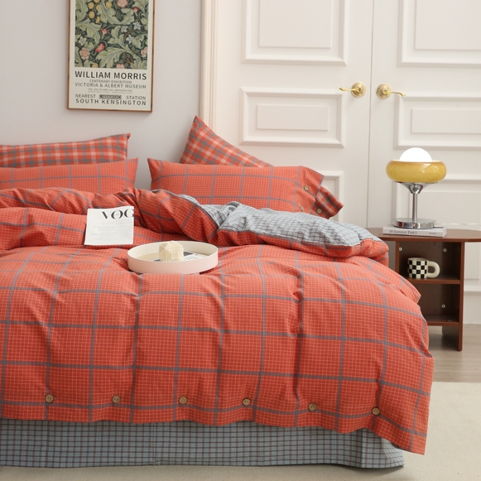 91家纺网 家纺一手货源 找家纺 榻尚 经典田园格子全棉色织水洗棉四件套 蒂曼（红蓝）