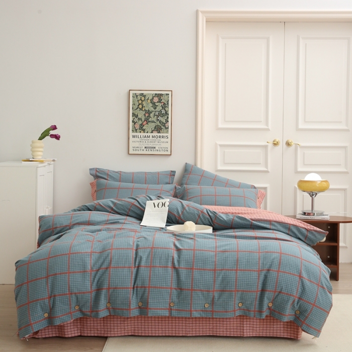 91家纺网 家纺一手货源 找家纺 榻尚 经典田园格子全棉色织水洗棉四件套 芙格（蓝红）