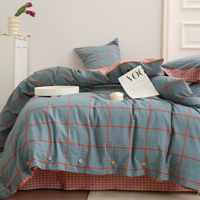 91家纺网 家纺一手货源 找家纺 榻尚 经典田园格子全棉色织水洗棉四件套 芙格（蓝红）