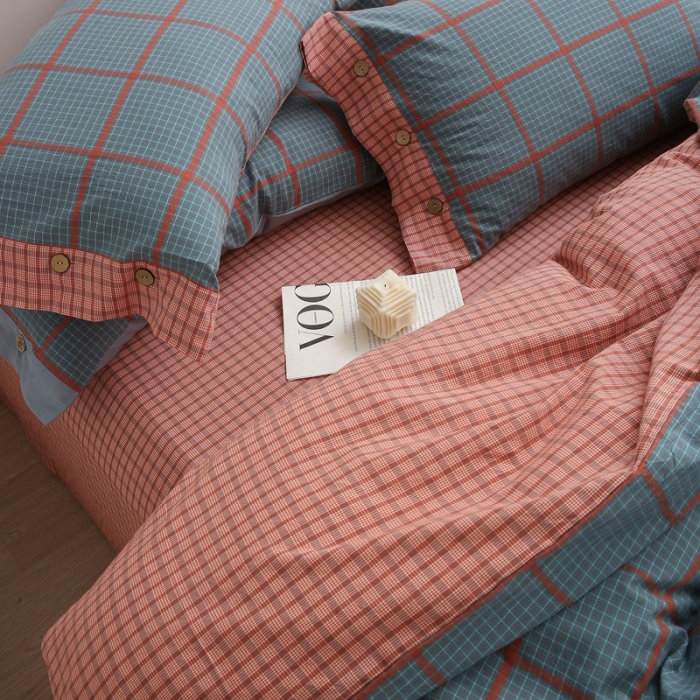 91家纺网 家纺一手货源 找家纺 榻尚 经典田园格子全棉色织水洗棉四件套 芙格（蓝红）