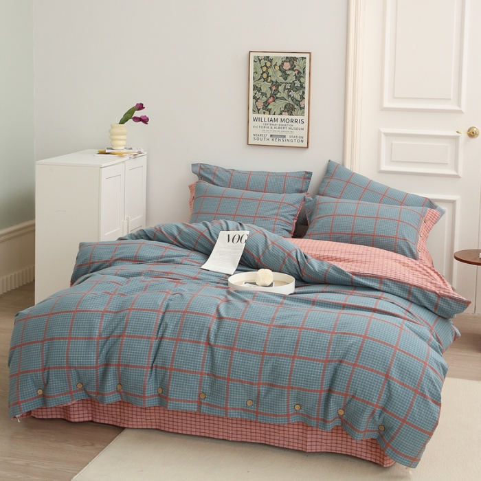 91家纺网 家纺一手货源 找家纺 榻尚 经典田园格子全棉色织水洗棉四件套 芙格（蓝红）