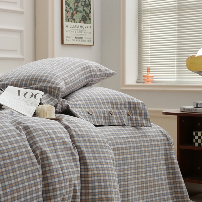 91家纺网 家纺一手货源 找家纺 榻尚 经典田园格子全棉色织水洗棉四件套 沐色（黄灰）