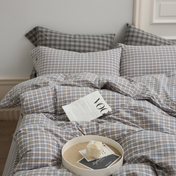 91家纺网 家纺一手货源 找家纺 榻尚 经典田园格子全棉色织水洗棉四件套 沐色（黄灰）