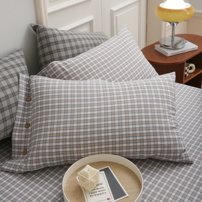 91家纺网 家纺一手货源 找家纺 榻尚 经典田园格子全棉色织水洗棉四件套 沐色（黄灰）