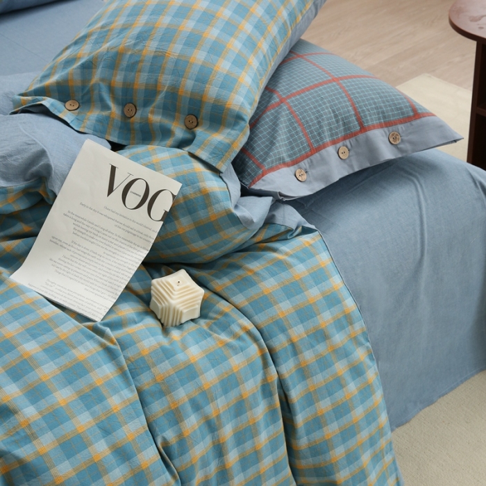 91家纺网 家纺一手货源 找家纺 榻尚 经典田园格子全棉色织水洗棉四件套 诺兰（黄绿）