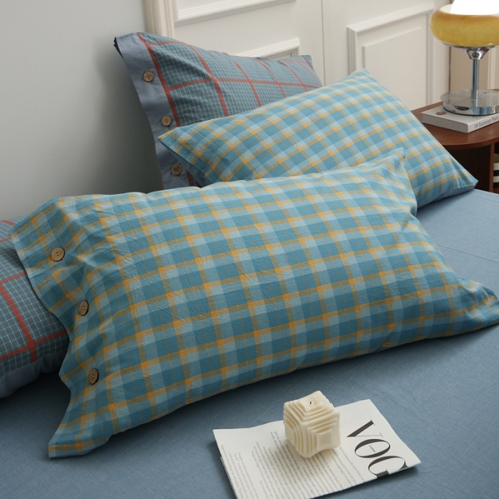 91家纺网 家纺一手货源 找家纺 榻尚 经典田园格子全棉色织水洗棉四件套 诺兰（黄绿）