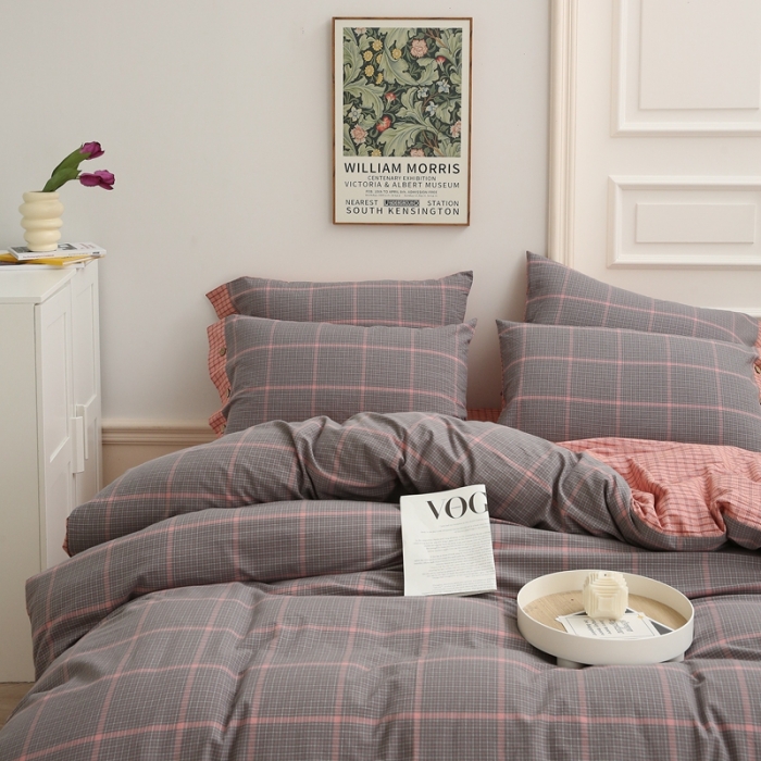 91家纺网 家纺一手货源 找家纺 榻尚 经典田园格子全棉色织水洗棉四件套 亦梵（灰粉）