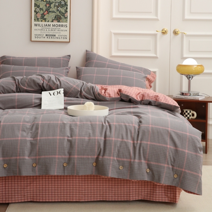 91家纺网 家纺一手货源 找家纺 榻尚 经典田园格子全棉色织水洗棉四件套 亦梵（灰粉）