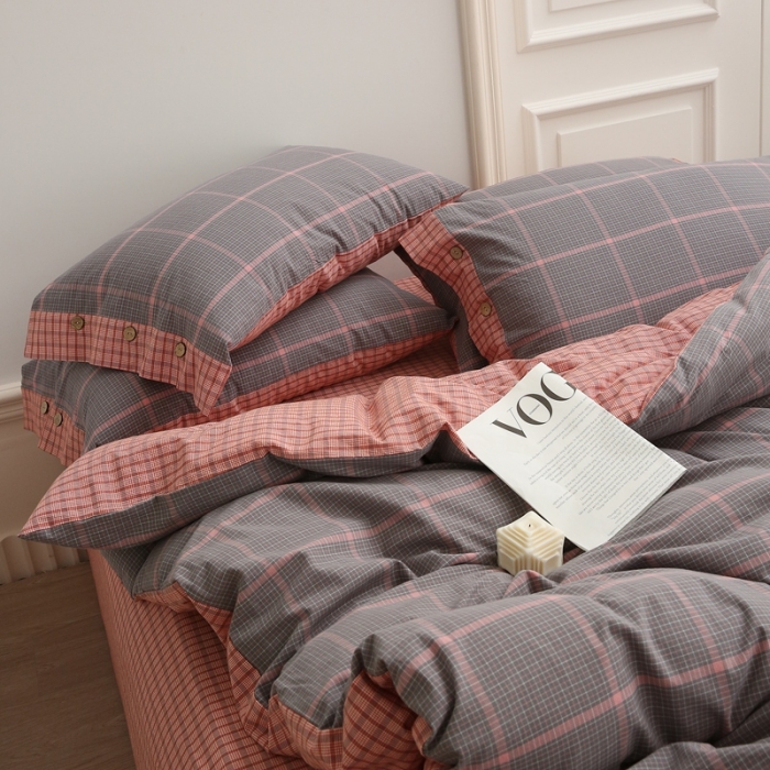 91家纺网 家纺一手货源 找家纺 榻尚 经典田园格子全棉色织水洗棉四件套 亦梵（灰粉）