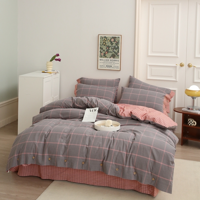 91家纺网 家纺一手货源 找家纺 榻尚 经典田园格子全棉色织水洗棉四件套 亦梵（灰粉）