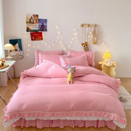 91家纺网 家纺一手货源 找家纺 （总）艺玲 2022新款亲肤磨毛双层荷叶边纯色四件套