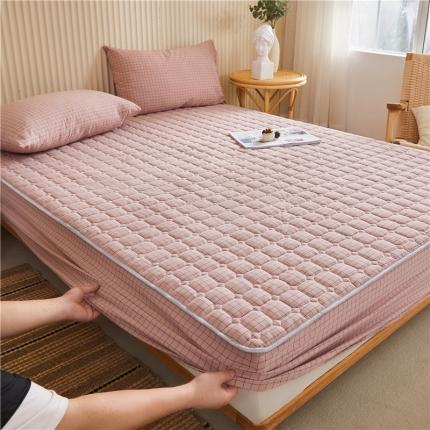 雪云美 A类全棉色织水洗棉床笠夹棉床罩三件套可定制粉小方格